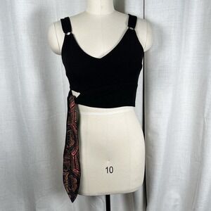 Free People Paisley Pop V-Neck Tank Cropped Women's Size XS Black Wrap Tie Waist